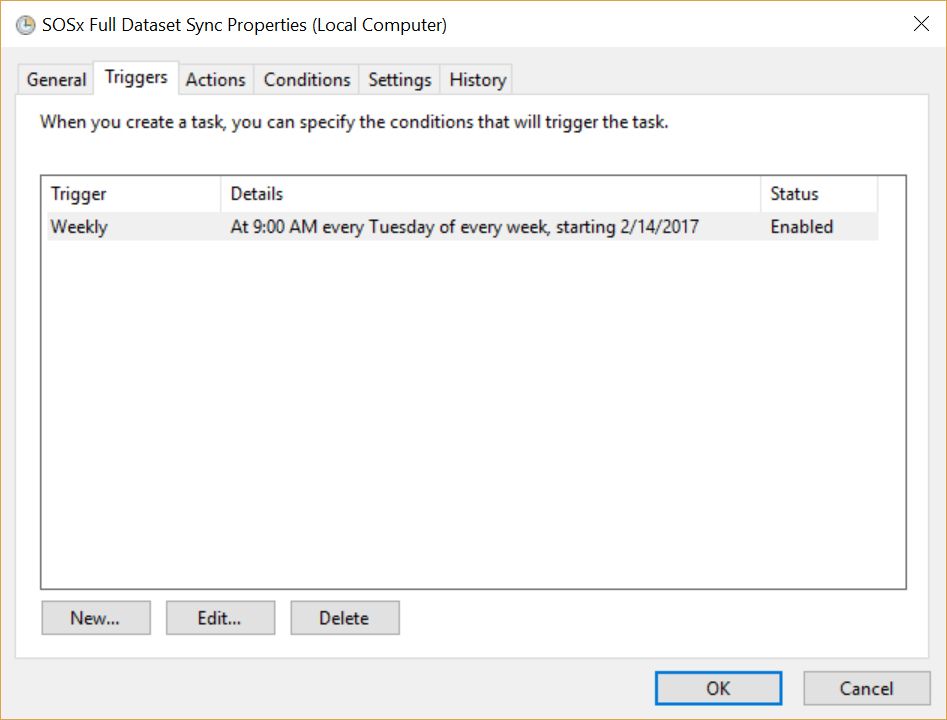 The triggers tab shows the default schedule for syncing SOSx datasets: 
    every Tuesday at 9am