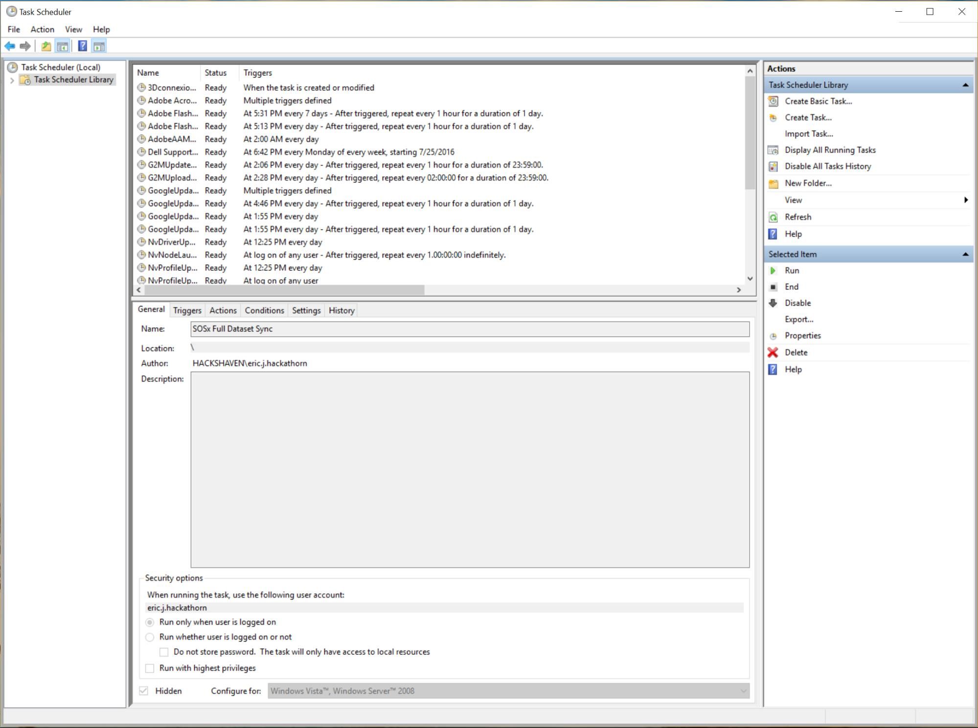 Details for the “SOSx Full Dataset Sync” task displayed after 
    double-clicking the task name