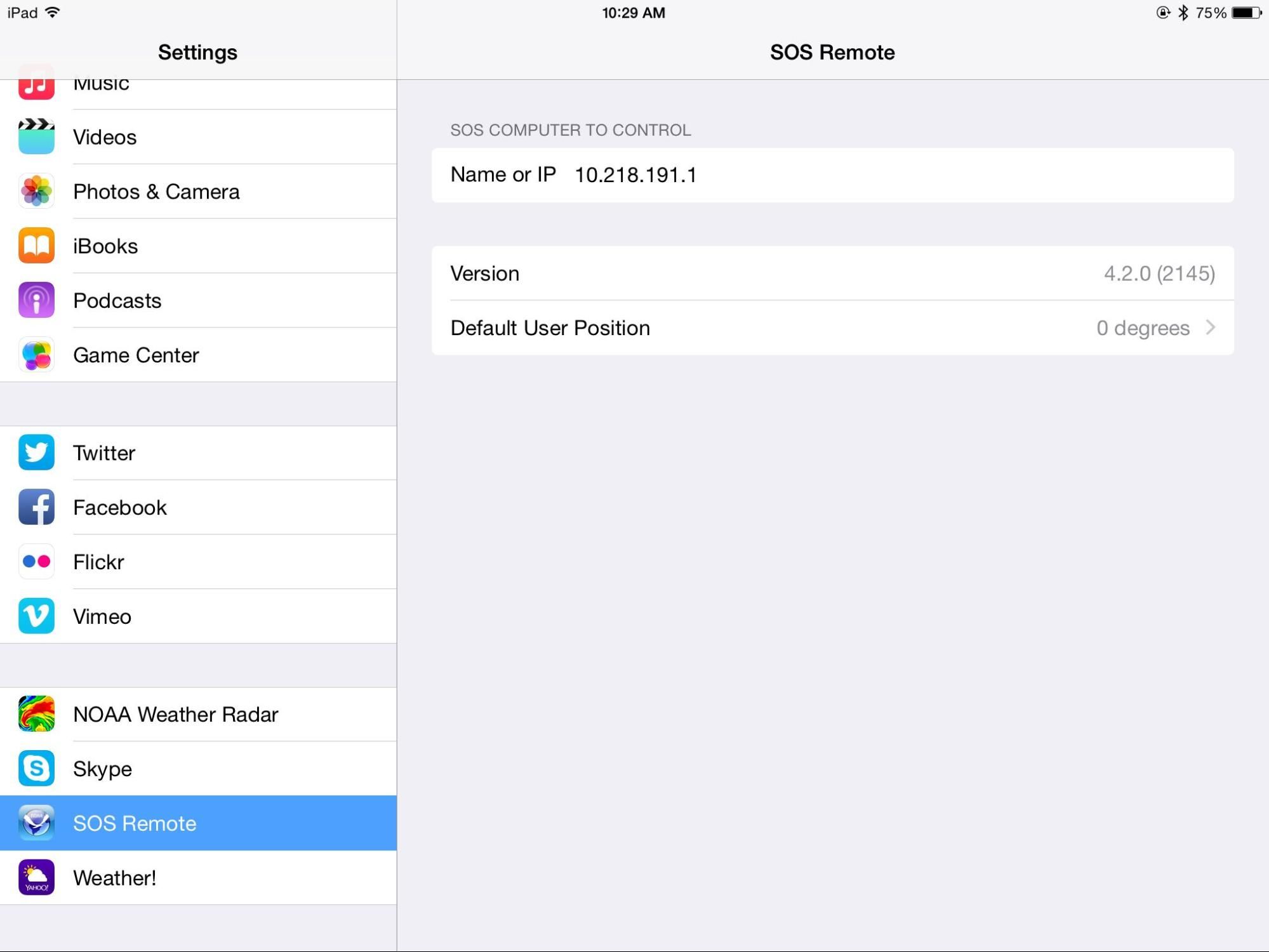 Screenshot of the “SOS Remote” screen of the iOS settings app. The first field is labelled “Name or IP”